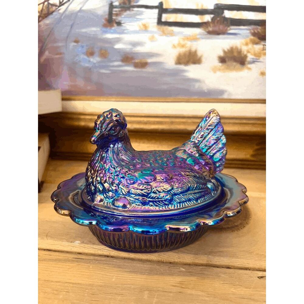 Mosser Glass Cobalt Blue Carnival Hen on Nest Covered Dish 6 Inch